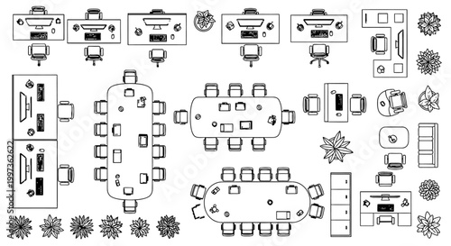 top view of office furniture meeting tables chairs and plants
