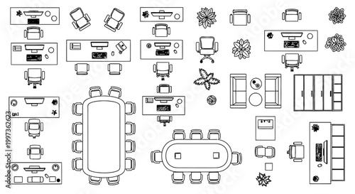 top view of office furniture plan with desks chairs and tables architectural drawing