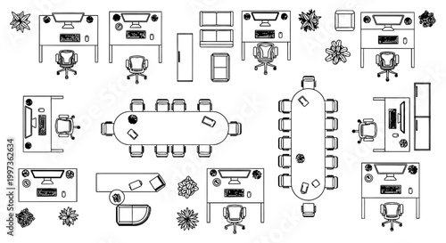 top view of office furniture with computers desks chairs and conference tables