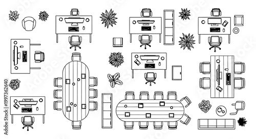 top view of office furniture plants and architectural elements in a clean line drawing