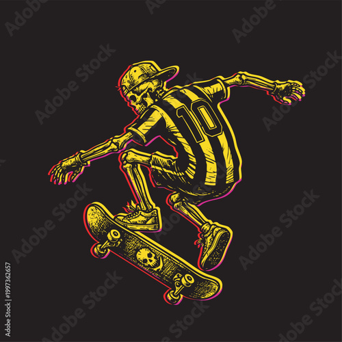 Stylistic vector illustration of a skeleton skater performing a trick in a gritty urban street art style.