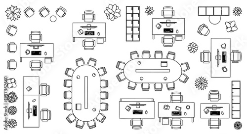 top view of office interior design with desks chairs and conference tables