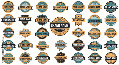 Collection of vintage brand name logos and badges.