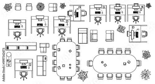 top view of office interior design with workstations and conference room tables