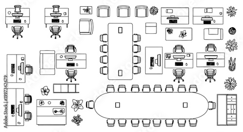 top view of office interior layout with desks chairs and conference tables