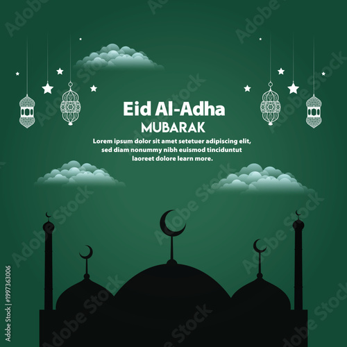 Eid al-Adha Mubarak celebration with lanterns, crescent moon, and mosque silhouette
