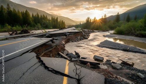 Damaged road washed out by flood in mountain landscape with sunset representing infrastructure destruction concept for climate change and natural disaster awareness