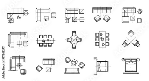 architectural blueprint drawings of furniture layouts with tables and sofas