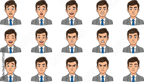 Set of businessman facial expressions showing emotions like happy sad angry surprised confident and neutral, professional character avatar vector illustration collection