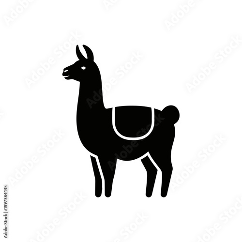 Silhouette of a llama with a saddle, a black and white illustration.