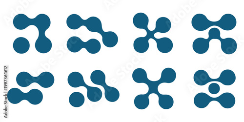 Diagonal metaball connected circles shape. Abstract nerve cell dots or computer nano net. Liquid oil curved morphs as molecule spotted waves. Rounded design elements for logo, tag, emblem,poster,icon.