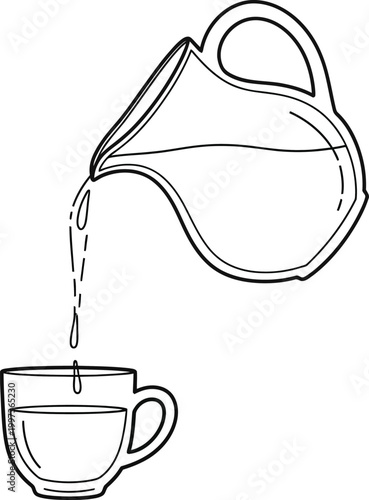 Pouring Water from Pitcher into Glass Cup, Line Art Illustration