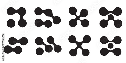 Diagonal metaball connected circles shape. Abstract nerve cell dots or computer nano net. Liquid oil curved morphs as molecule spotted waves. Rounded design elements for logo, tag, emblem,poster,icon.