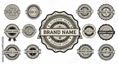 Collection of Vintage Style Brand Name Labels and Badges.