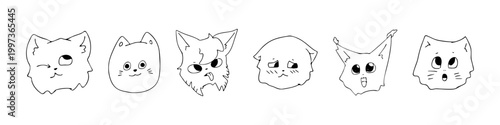 Cute set of funny cat faces doodle style, hand-drawn icons. Outline children's drawings with pencil and pen. Cats with different emotions, happy or sad, line clipart symbols.