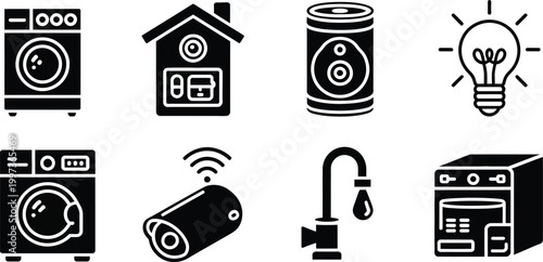 A collection of icons representing various smart home and security devices, vector illustration featuring cameras, sensors, locks, thermostats, and connected appliances, ideal for IoT, home automation