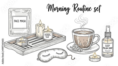 Morning Routine Wellness Set — Sketch Illustration with Candles & Herbal Tea