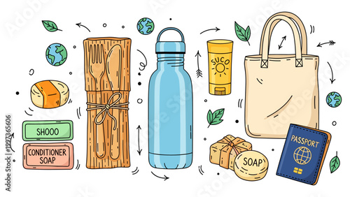 Eco-Friendly Travel Kit — Cartoon Illustration on Blue Background