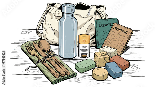 Sustainable Travel Essentials Flat Lay — Vintage Comic Style Illustration