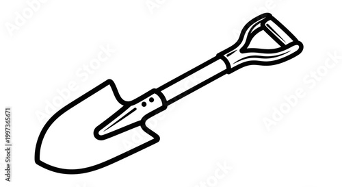Black and white sketch of a traditional shovel with a D-handle grip for digging, isolated on a plain background.