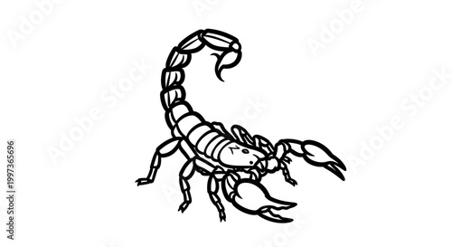 Detailed black and white illustration of a scorpion with a raised tail and pincers in a defensive position.