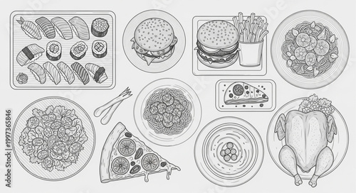 Collection of Hand Drawn Food Illustrations in Black and White.