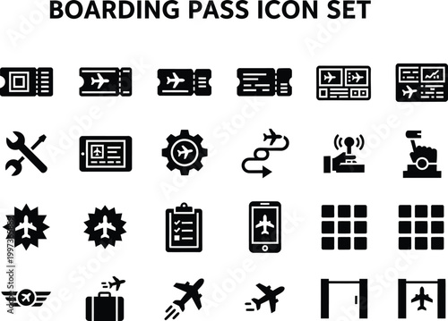 Collection of travel and airport symbols representing boarding passes flight tickets and airline service navigation tools