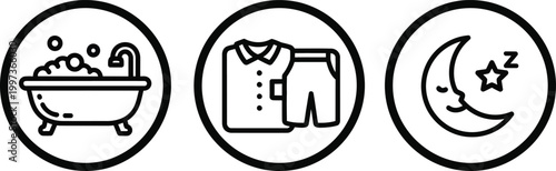 Bedtime Routine Icons: Bath, Pajamas, Sleep Moon and Star