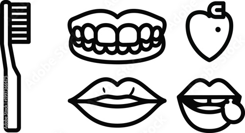 Dental Hygiene Icons: Toothbrush, Smiling Mouth, Lips, Teeth, Strawberry