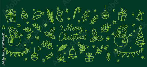 Christmas hand drawn holly line decor, pine branch, snowflake. sketch doodle christmas tree leaves, winter pine for holiday ornament.