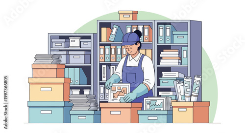 Archivist organizing historical documents in a library archive