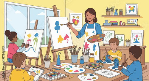 Art teacher guides children in creative painting class