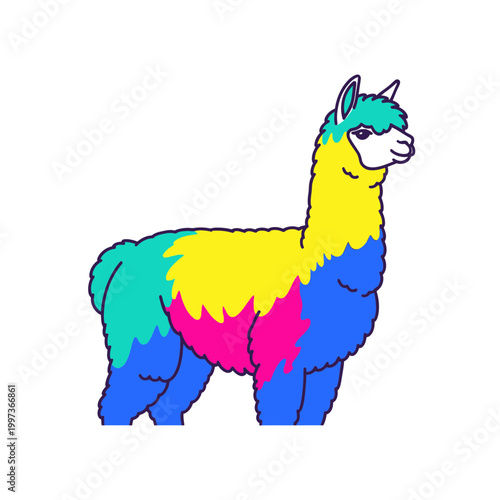 A Colorful Cartoon Alpaca Standing Isolated