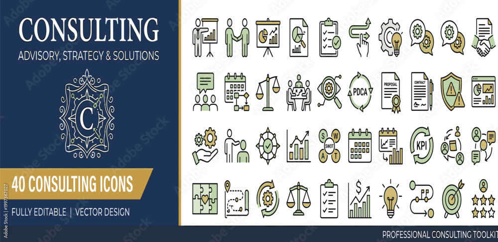 Fototapeta premium 40 essential vector line icons for business consulting, strategic planning, and advisory solutions, ideal for corporate presentations and digital content