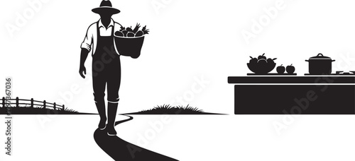 Black silhouette of farmer carrying basket of plants white