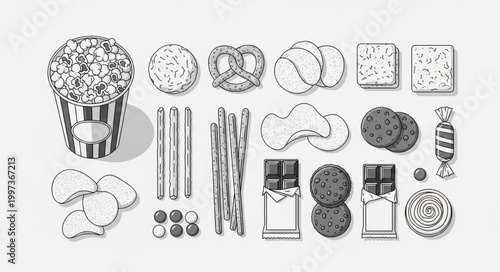 Collection of sweet and savory snacks and treats.