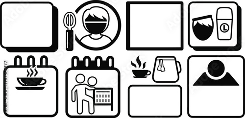 Collection of Simple Icons: Coffee, Tea, Calendar, Person, Kitchen Utensils, Travel Mug