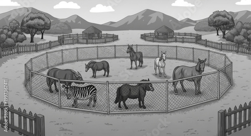 Various wild animals in a zoo enclosure with mountains in the background.