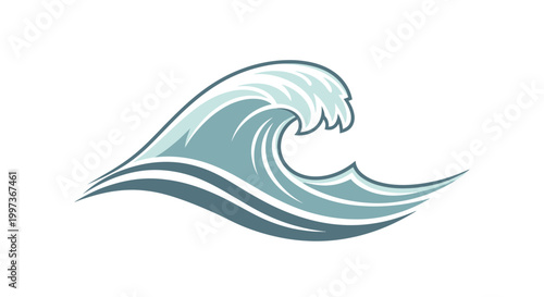 Stylized Ocean Wave Illustration in Serene Blue Tones on a Bright White Background