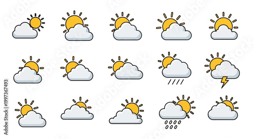 Weather forecast icons representing various sunny and cloudy conditions, with rain and lightning