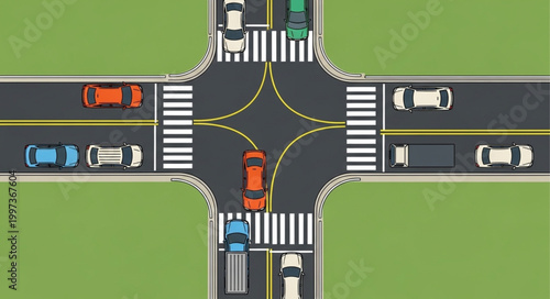 Busy City Intersection with Cars and Traffic Lights.