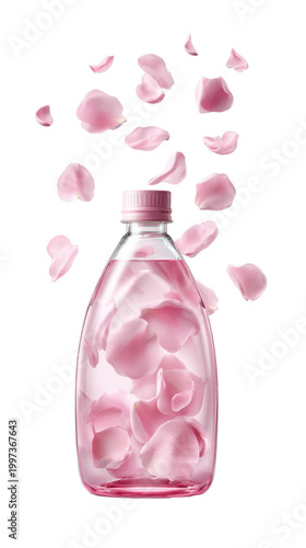 Clear plastic bottle with pink liquid and floating rose petals isolated on transparent background
