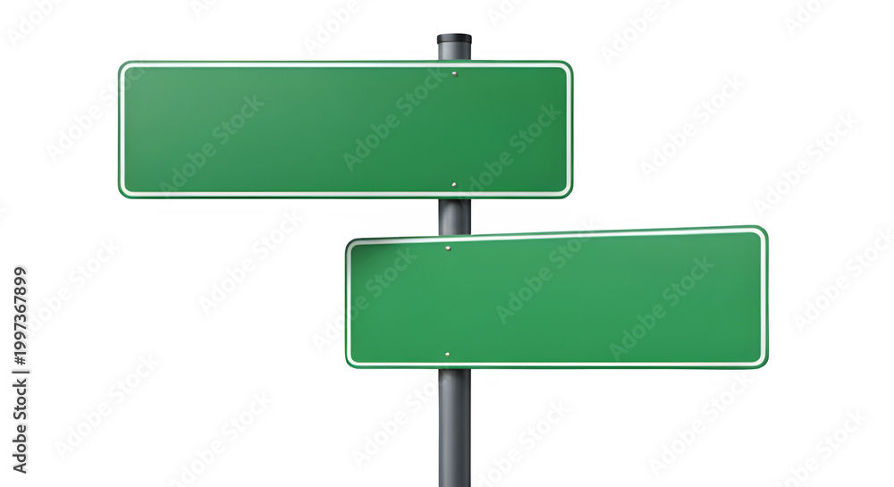Obraz premium Two green blank road signs on a metal post isolated on transparent background