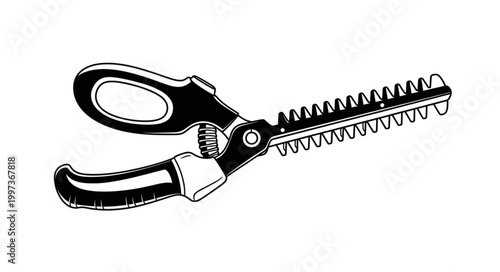Black and white illustration of a hedge trimmer tool.