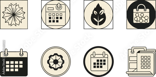 Set of Simple Icons: Calendar, Leaf, Flower, Molecules, Gear