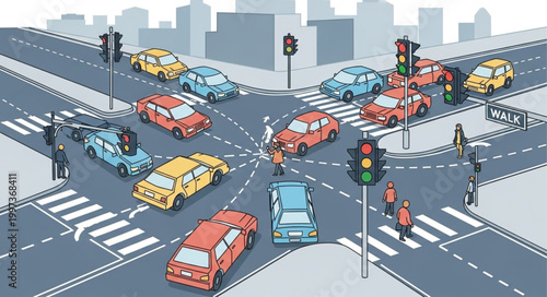 Busy City Intersection with Cars and Traffic Lights.