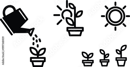 Plant Growth Icons: Watering, Sunlight, Sprouting, Seedling Stages