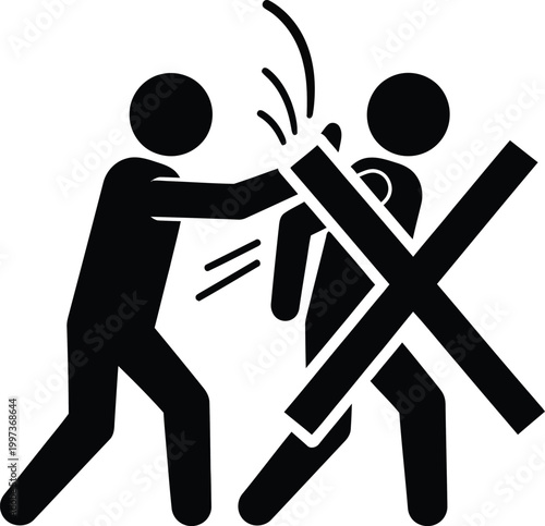 Stop Violence Icon: Figure Slapping Another Figure with a Prohibition Sign