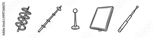 A set of hand-drawn antenna icons in a minimalist black line art style, featuring various signal receivers like helical, telescopic, and panel antennas isolated on a white background.