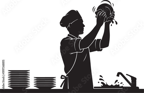 Chef rinsing bowl in kitchen plates sink